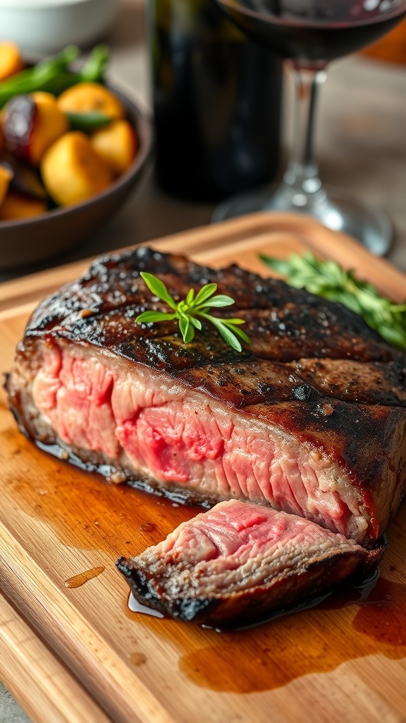 Medium rare steak on a wooden board, garnished with herbs, served with roasted vegetables and wine.